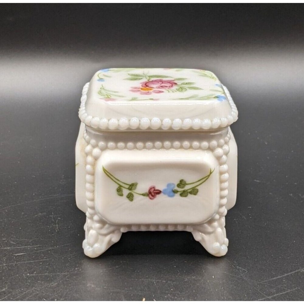 Westmoreland Trinket Box Vintage White Milk Glass Hand Painted Jewelry 2.75"
